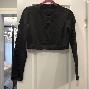 ALO Yoga , black cropped sweatshirt, distressed style with holes.